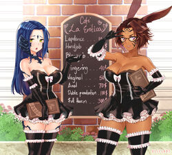 2girls animal_ears au_ra bare_shoulders black_dress black_gloves black_legwear blue_hair bow breasts brown_hair bunny_ears cleavage dark-skinned_female dark_skin dragon_horns dress elbow_gloves english_text facial_mark final_fantasy final_fantasy_xiv frilled_gloves frilled_legwear frills glasses gloves horns large_breasts long_hair looking_at_viewer menu multiple_girls open_mouth pink_eyes prostitution rin_(bitme) scales short_hair smile standing strapless strapless_dress thighhighs uliel v viera waitress wu_(firmassfun) xaela yellow_eyes rating:Questionable score:95 user:Shaded_Cube