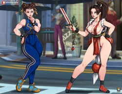 2girls adjusting_clothes asian breasts brown_hair capcom chun-li clothed crossover death_battle fatal_fury female king_of_fighters kyoffie mai_shiranui muscles snk standing street_fighter wink rating:Explicit score:78 user:ZiidroC