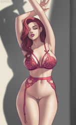 arms_up belly_button big_breasts bottomless bra breasts closed_eyes disney earrings female flowerxl garter_belt garter_straps hairless_pussy jessica_rabbit lace-trimmed_bra lingerie lipstick navel picot_trim picot_trim_bra posing pussy red_hair shaved_pussy thick_thighs thigh_gap who_framed_roger_rabbit rating:Explicit score:72 user:The_Realistic