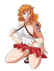 1girls big_breasts bracelet crouching earrings female female_only fully_clothed looking_at_viewer miniskirt nami one_piece orange_eyes orange_hair post-timeskip red_skirt sandals slim_waist smiling solo solo_female taking_clothes_off tattoo thick_thighs tinafate1 undressing upskirt white_earrings white_panties white_topwear wink winking_at_viewer rating:Questionable score:129 user:Mr.Moon