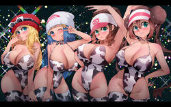 4girls alternate_breast_size big_breasts blue_eyes blush breasts breasts_bigger_than_head cap cow_bikini cow_print cow_print_bikini cow_print_stockings dawn_(pokemon) eye_contact female female_only hat hilda_(pokemon) huge_breasts human large_breasts leotard looking_at_viewer nintendo one_eye_closed pokemon pokemon_bw pokemon_bw2 pokemon_dppt pokemon_trainer pokemon_xy rosa_(pokemon) serena_(pokemon) standing stockings sumisumii sunglasses_on_head swimsuit thick_thighs voluptuous rating:Questionable score:346 user:Bikuta69