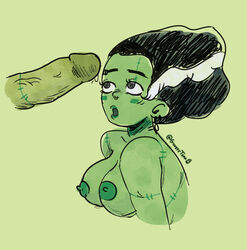  blowjob breasts bride_of_frankenstein disembodied_penis ghostytuff green_skin imminent_oral implied_oral looking_up oral  rating:explicit score: user:ghostytuff