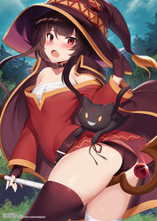 black_panties black_stockings brown_hair chomusuke chunchunmaru feline flushed kono_subarashii_sekai_ni_shukufuku_wo! m-da_s-tarou megumin red_eyes rogia shy stockings thighs witch witch_hat rating:Explicit score:342 user:FapFan32