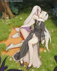 2021 2girls artist_name bartolomeobari butterfly_hair_ornament dress echidna_(re:zero) emilia_(re:zero) female heels nopan patreon_username pointy_ears pubic_hair pussy re:zero_kara_hajimeru_isekai_seikatsu skirt_lift uncensored yuri rating:Explicit score:557 user:bot