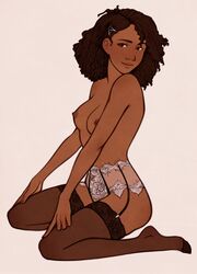 1girls afro benveydrawsmore breasts dark-skinned_female dark_skin female garter_straps lingerie on_knees original_character panties sitting thighhighs rating:Explicit score:95 user:Mang