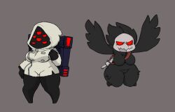  >:3 2022 2girls anthro avian bird black_body black_feathers breasts chimera corvid crow feathers female fluffy hi_res labcoat moogers necromancer_(nuclear_throne) nuclear_throne ranged_weapon raven_(nuclear_throne) red_eyes scientist shortstack thick_thighs uzi weapon wings  rating:questionable score: user:bot