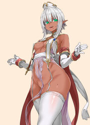 1girls asanagi barely_clothed curvy dark-skinned_female dark_skin fangs green_eyes looking_at_viewer mole original original_character pointy_ears priestess sharp_teeth short_hair silver_hair small_breasts thick_thighs thighhighs walking rating:Questionable score:303 user:Yuron