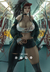 akali bandage bandaged_hand belly belly_button belt big_breasts big_thighs blue_eyes breasts brown_hair cap choker cleavage closed_mouth clothed clothes clothing curvaceous curvy earrings eyebrows hat huge_breasts indoor indoors jacket jacket_down k/da_akali k/da_series large_breasts league_of_legends lips long_hair looking_at_viewer mole mole_under_eye nail_polish navel open_clothes pants pole rain_wzq realistic riot_games shirt short_shirt sleeveless sleeveless_shirt thick_thighs thighs tied_hair torn_clothes torn_clothing torn_pants train train_interior very_long_hair white_shirt rating:Questionable score:157 user:LilBeep