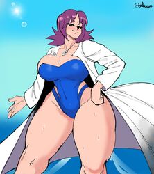 1girls 2021 alternate_body_type alternate_breast_size big_breasts breasts brown_eyes curvaceous embo female female_focus female_only female_solo half-closed_eyes hand_on_hip huge_breasts huge_thighs human labcoat looking_at_viewer nintendo one-piece_swimsuit pale-skinned_female pale_skin philena_ivy pokemon pokemon_professor pokemon_rgby purple_hair short_hair simple_background smug solo solo_female solo_focus sweat sweatdrop thick_thighs wide_hips rating:Explicit score:184 user:GaspinJojo