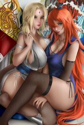 2girls armwear big_breasts blonde_hair breasts brown_eyes busty clothed_female female female_only fishnets green_eyes huge_breasts kimono kneeling legwear lipstick looking_at_viewer makeup mature mature_female mei_terumi multiple_girls nail_polish naruto naruto_(series) naruto_shippuden no_bra orange_hair orca.huang panties side-tie_panties sitting thick_thighs tied_hair topknot tsunade twintails underwear very_long_hair rating:Questionable score:146 user:Hanaru