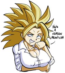 1girls big_breasts blonde_hair breasts busty button_down_shirt caulifla cleavage dragon_ball female female_only huge_breasts pseudocel shounen_jump solo solo_female super_saiyan uniform rating:Questionable score:124 user:Kaiokenx34