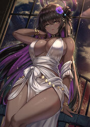 alternate_costume arms_up bare_shoulders black_hair blue_archive bracelet breasts cenangam cleavage collar dark-skinned_female dark_skin dress flower hair_ornament halo highres jewelry karin_(blue_archive) large_breasts long_hair looking_at_viewer millennium_science_school_student multicolored_hair night open_mouth purple_hair sideboob sky solo sparkle two_tone_hair yellow_eyes rating:Questionable score:243 user:Mr_Dragon