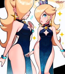 1girls 2021 black_dress blonde_hair blue_eyes bracelet cleavage cleavage_cutout clothed clothing crown dress earrings female female_only hair_over_one_eye jewelry long_hair mario_(series) nail_polish nintendo princess_rosalina purple_nails sarukaiwolf shiny_hair shiny_skin silver_crown solo space standing star_earrings starry_night_dress_(sarukaiwolf) super_mario_galaxy thighs rating:Safe score:436 user:Akayo784