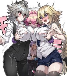 1boy 2021 2girls :o @_@ ahoge artist_name astolfo_(fate) bare_arms bare_shoulders belt blonde_hair blue_eyes blush bow breast_grab breast_squish breasts cleavage closed_eyes clothed clothing covered_nipples crop_top crossdressing double_breast_grab embarrassed erect_nipples erect_nipples_under_clothes eyebrows_visible_through_hair face_to_breasts fate/apocrypha fate_(series) female femboy femboy_on_female genderswap_(mtf) grabbing_from_behind hair_between_eyes hair_ribbon haoro highres jeanne_d'arc_(fate) large_breasts long_hair long_ponytail male midriff multiple_boys navel necktie necktie_between_breasts open_mouth pants pink_hair pleated_skirt ponytail red_eyes ribbon rule_63 shirt short_hair shorts sieg_(fate/apocrypha) signature silver_hair simple_background single_braid skirt sleeveless smaller_male smile sound_effects standing surprised sweat teeth thick_thighs thighhighs thighs tied_hair tight_clothing tongue trap twitter_username very_long_hair wavy_mouth white_background zettai_ryouiki rating:Questionable score:429 user:Blookryynnn