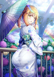 1boy 2021 :o artist_name ass big_ass blonde_hair blue_kimono bow clothing crossdressing eyebrows_visible_through_hair femboy flora_fauna flower hair_between_eyes hair_ornament hairclip highres holding_umbrella indoors kimono looking_at_viewer looking_back male male_only natsusora_wakana nobady open_mouth original pantylines plant rainbow ribbon signature solo standing star star_hair_ornament tied_hair tongue trap umbrella yellow_eyes yukata rating:Explicit score:299 user:Blookryynnn