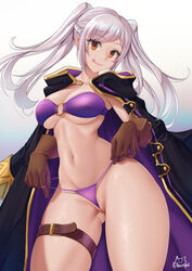 1girls :p achromaru alternate_costume bikini breasts brown_eyes coat eyebrows_visible_through_hair fire_emblem fire_emblem_awakening fire_emblem_heroes gloves grey_hair highres large_breasts licking_lips looking_at_viewer midriff navel nintendo o-ring o-ring_bikini official_alternate_costume pulling purple_bikini purple_swimsuit robin_(female)_(summer)_(fire_emblem) robin_(fire_emblem) robin_(fire_emblem)_(female) smile solo solo_female swimsuit tagme thick_thighs thighs thin_waist tongue tongue_out twintails underboob white_hair wide_hips rating:Explicit score:124 user:reflet1