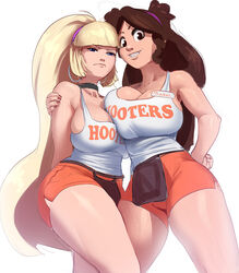 2girls aged_up alternate_breast_size amoralcrow big_breasts blonde_hair braces breast_to_breast breasts brown_hair choker cleavage clothed clothing disney disney_channel earrings female female_only frown gravity_falls hand_on_hip hoop_earrings hooters hooters_uniform human human_only large_breasts long_hair looking_at_viewer mabel_pines nail_polish name_tag pacifica_northwest plain_background shorts smile straight_hair tank_top thick_thighs thighs thunder_thighs very_long_hair white_background rating:Questionable score:467 user:sadismember