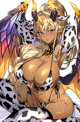 1girls 2021 armpits arms_behind_head arms_up barely_clothed barely_contained beauty_mark bikini blonde_hair blush blushing_at_viewer braid breasts cleavage_cutout cow_ears cow_girl cow_print cow_print_armwear cow_print_bikini cow_print_legwear dark-skinned_female dark_skin demon demon_girl demon_horns demon_wings earrings female female_focus female_only french_braid gan_(shanimuni) gloves hi_res horns huge_breasts lipstick long_braid long_ears long_gloves long_hair looking_at_viewer mole_on_breast naughty_face original original_character pointy_ears purple_lipstick side-tie_bikini sideboob simple_background succubus suggestive_look sweat sweatdrop sweaty_body swimsuit tan tan-skinned_female tanned_skin teal_eyes thick_thighs thighhighs thighs very_long_hair visible_breath white_background wings rating:Questionable score:255 user:Cero_Oscuras