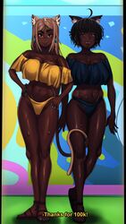 2girls absurdres ahoge ahoge_catgirl_(kevbot) big_breasts black_hair breasts brown-haired_catgirl_(kevbot) catgirl cleavage dark-skinned_female dark_skin earrings female female_only highres hoop_earrings kevbot large_breasts long_tail mature_female milf mother_and_daughter multiple_girls original smile sweat tail thick_thighs very_dark_skin wide_hips rating:Questionable score:123 user:justausername