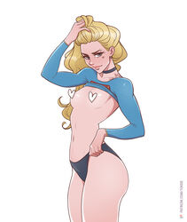 1girls areola_slip blonde_hair blue_eyes breasts breasts_out censored choker dc dc_comics earrings eyebrow_piercing female female_only hand_in_hair heart_censor kara_zor-el long_hair navel panties plain_background shirt_up solo supergirl superman_(series) tattoo toksie white_background rating:Explicit score:114 user:Zomdra