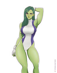 1girls armpit artist_name big_breasts cameltoe clothed female female_only fingerless_gloves green_body green_eyes green_hair green_skin hand_behind_head hourglass_figure hulk_(series) large_breasts leotard long_hair looking_at_viewer marvel marvel_comics pinup plain_background she-hulk solo thick_thighs thighs tight_clothing toksie white_background wide_hips rating:Questionable score:269 user:Zomdra