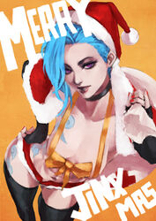 blue_hair bow hand_on_hip jinx_(league_of_legends) league_of_legends leaning_forward looking_at_viewer monorirogue purple_eyes santa_hat seductive rating:Questionable score:92 user:manynote