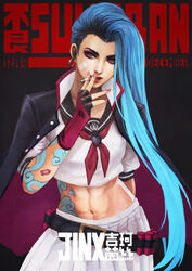 abs blue_hair gloves jinx_(league_of_legends) league_of_legends looking_at_viewer monorirogue red_eyes skirt smoking sukeban tattoo rating:Questionable score:121 user:manynote