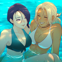 2girls abs alternate_costume bikini blonde_hair blue_bikini blue_hair blue_swimsuit breasts catherine_(fire_emblem) chocolate_and_vanilla cute dark-skinned_female dark_skin female female_only fire_emblem fire_emblem:_three_houses front-tie_bikini front-tie_top happy human human_only koyorin light_blush multiple_girls nintendo o-ring o-ring_bikini partially_submerged shade shamir_nevrand smile swimsuit toned water wet white_bikini white_swimsuit wholesome yuri rating:Safe score:205 user:kris923