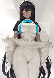 1girls 2021 ahoge apron bare_arms black_clothing black_hair blue_archive blush bow bowtie breasts cleaning_&_clearing_(blue_archive) clothed clothing dark-skinned_female dark_skin dress dress_lift embarrassed eyebrows_visible_through_hair female female_only frilled_dress frills fully_clothed gloves hair_between_eyes hat hayabusa highres indoors karin_(blue_archive) large_breasts lifted_by_self long_hair looking_at_viewer maid maid_headdress maid_uniform millennium_science_school_logo_(blue_archive) millennium_science_school_student pantyhose presenting signature solo standing thick_thighs thigh_gap thighband_pantyhose thighs uniform white_clothing white_gloves yellow_eyes rating:Questionable score:270 user:Blookryynnn