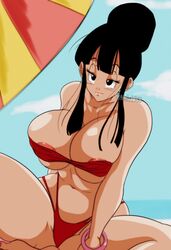 beach big_breasts bikini black_hair bracelet breasts chichi dragon_ball dragon_ball_z feet female huge_breasts legs nala1588 nipples_visible_through_clothing seductive_smile shounen_jump solo thick_thighs rating:Explicit score:164 user:Wizkid28