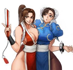 2d 2girls bangs bare_legs bare_shoulders black_hair bracelet breast_press breasts brown_eyes brown_hair capcom carcass_(artist) china_dress chinese_clothes chun-li cleavage crossover death_battle double_bun dress earrings fan fatal_fury female female_only folding_fan holding holding_fan human japanese_clothes jewelry king_of_fighters large_breasts long_hair mai_shiranui matching_hair/eyes multiple_girls ninja no_bra open_mouth pantyhose pelvic_curtain ponytail rope sash sideboob smile spiked_bracelet spikes street_fighter thighs thunder_thighs tied_hair white_sash rating:Questionable score:175 user:JesusIsWatching