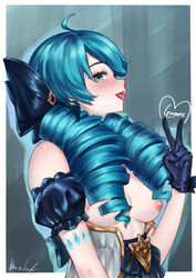 1girls blue_eyes blue_hair blush breasts bwcloud drill_hair exposed_breasts gwen_(league_of_legends) hair_ornament league_of_legends looking_at_viewer nipples open_mouth partially_clothed peace_sign solo text tongue_out twin_drills rating:Explicit score:116 user:LukeSkyLuke