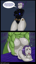 ahe_gao beast_boy bed bent_over big_ass big_breasts bodysuit coldarsenal curvy curvy_female curvy_figure dc dc_comics dialogue doggy_style edit faceless_male from_behind garfield_logan gigantic_ass goth green_skin grey_skin huge_ass instant_loss_2koma latex muscular muscular_male pear_shaped plap purple_hair rachel_roth raven_(dc) sex sheets spanish_text standing teen_titans text text_bubble thick_thighs tongue tongue_out wide_hips rating:Explicit score:143 user:masx