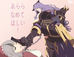 2girls abuse armor between_breasts black_armor boots breasts brown_eyes bruise camilla_(fire_emblem) chain chain_leash chains collar femdom femsub fire_emblem fire_emblem_fates foot_on_another's_face from_below gloves grey_hair grin hair_over_one_eye high_heel_boots high_heels highres hood horns japanese_text large_breasts leash long_hair looking_down mature_female multicolored_hair multiple_girls nintendo pink_background purple_eyes purple_hair r3dfive red_eyes signature smile stepped_on text velouria_(fire_emblem) very_long_hair yuri rating:Questionable score:68 user:kris923