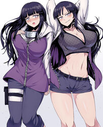 2girls arms_up big_breasts blunt_bangs blush bra breasts busty cleavage clone clothed_female embarrassed female female_only fishnets forehead_protector fully_clothed hoodie hyuuga_hinata hyuuga_hinata_(naruto:_road_to_ninja) jacket konohagakure_symbol large_breasts light-skinned_female light_skin long_hair looking_at_viewer midriff multiple_girls naruto naruto:_road_to_ninja naruto_(series) naruto_shippuden navel open_clothes open_jacket open_mouth pants purple_hair revealing_clothes shiny shiny_hair shiny_skin short_shorts shorts shy simple_background skindentation smirk suzusiigasuki sweat sweatdrop take_your_pick twins violet_eyes white_background rating:Safe score:517 user:UnrealHarbor