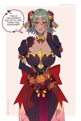 1girls alternate_costume bride cleavage collarbone cryptid_crab dark-skinned_female dark_skin english_text fire_emblem fire_emblem_heroes green_hair hand_on_own_face hourglass_figure huge_breasts kiran_(fire_emblem) kiran_(male)_(fire_emblem) laegjarn_(fire_emblem) large_breasts lipstick looking_at_viewer medium_hair multicolored_hair nintendo red_eyes red_lipstick ring short_hair smile solo solo_female text thick_thighs wedding_dress wedding_ring wide_hips rating:Questionable score:100 user:kris923