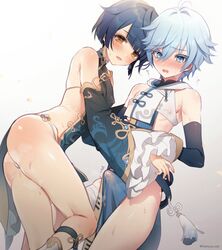 2boys adapted_costume androgynous ass bangs blue_hair blunt_bangs blush chinese_clothes chongyun_(genshin_impact) covered_nipples crop_top detached_sleeves duo earrings erection erection_under_clothes eyebrows_visible_through_hair femboy frilled_sleeves frills genshin_impact girly gradient gradient_background hair_between_eyes haruya_(lajoon) jewelry light-skinned_male light_blue_eyes light_blue_hair male male_focus multiple_boys open_mouth otoko_no_ko pelvic_curtain simple_background single_earring sweat tassel tassel_earrings tears trap twink twitter_username underwear xingqiu_(genshin_impact) yaoi yellow_eyes rating:Questionable score:428 user:deliuma