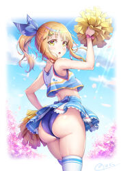 1boy :o ass bangs bare_arms blonde_hair blue_skirt border cheerleader cherry_blossoms cloud crop_top day eyebrows_visible_through_hair femboy from_behind hair_ornament hair_ribbon hand_on_hip highres holding holding_pom_poms looking_at_viewer looking_back male male_focus male_only medium_hair natsusora_wakana nobady original outdoors pom_pom_(cheerleading) ribbon sidelocks signature skirt solo standing star_(symbol) star_hair_ornament thighhighs thighs trap white_legwear yellow_eyes rating:Explicit score:359 user:darkcrystal35