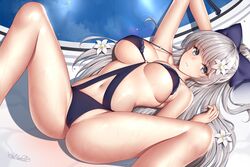 1girls azur_lane breasts female female_only flower_in_hair grey_eyes hair_ornament highres long_hair lying_on_back one-piece_swimsuit pool solo spread_legs swimsuit thighs very_long_hair vittorio_veneto_(azur_lane) wet_skin white_hair wsman rating:Questionable score:110 user:AutumnAlex