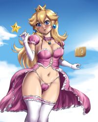 1girls ?_block blonde_hair blue_eyes breasts cameltoe cleavage clothing elbow_gloves female female_only gloves leonart lingerie long_hair mario_(series) nintendo open_mouth outdoors panties pink_panties princess_peach sky solo standing star super_mario_bros. thigh_gap thighhighs underwear rating:Questionable score:67 user:Freezer88