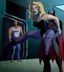 ahe_gao anal anal_sex black_canary blonde_hair blue_eyes blush cleavage clothing_aside dc dc_comics dcau dinah_lance green_arrow green_arrow_(series) justice_league_unlimited leotard_aside oliver_queen pussy pussy_juice squirting stand_and_carry_position xeroshadows rating:Explicit score:85 user:Tronitrus