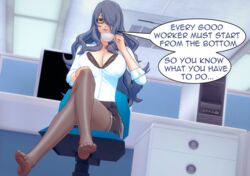 1girls 3d alternate_costume alternate_universe blue_hair bra bra_cups_sticking_out bra_peek camilla_(fire_emblem) cleavage crossed_legs cup drinking english_text feet female female_only femdom fire_emblem fire_emblem_fates from_below glasses hair_over_one_eye huge_breasts looking_at_viewer looking_down nintendo office office_lady pencil_skirt pov purple_hair red_eyes shiny_skin shirt sitting skirt solo speech_bubble stockings submissive_pov text thighhighs very_long_hair white_shirt yumi_(artist) rating:Safe score:72 user:kris923