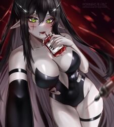  dark_hair green_eyes layna_lazar leotard morineko sipping syringes  rating:questionable score: user:bot