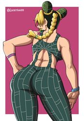 1girls ass breasts female female_only female_protagonist hand_on_hip jojo's_bizarre_adventure jolyne_kujo large_ass large_breasts luckyshazo muscular_female overalls ponytail presenting_ass shounen_jump smirk stone_ocean wide_hips yellow_hair rating:Safe score:233 user:ImATotalGamer