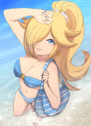 1girls arm_up bag beach big_breasts bikini blonde_hair blue_bikini blue_eyes blue_nails breasts cleavage earrings female female_only hair_ornament hair_over_one_eye highres jewelry long_hair mario_(series) medium_breasts nail_polish nintendo omiza_somi outside parted_lips ponytail princess_rosalina solo star_(symbol) star_earrings star_hair_ornament super_mario_galaxy swimsuit rating:Safe score:90 user:Galactic_Princess_Rosalina