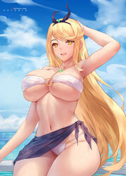 1girls 2021 armpits arms_up azto_dio bangs belly_button bikini black_ribbon blonde_hair blue_sky breasts core_crystal detailed_background earrings eyebrows_visible_through_hair feet_out_of_frame female female_focus female_only gold_eyes hand_behind_head huge_breasts long_hair looking_at_viewer mythra nintendo open_mouth outdoors pareo ribbon ribbon_in_hair skindentation slim_waist smile smiling_at_viewer strapless_bikini swept_bangs swimsuit thick_thighs thighs underboob white_bikini xenoblade_(series) xenoblade_chronicles_2 yellow_eyes rating:Questionable score:141 user:Cero_Oscuras