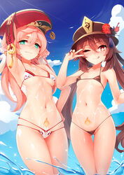 2girls ;q arm_up armpits bangs bikini blue_sky blush breasts brown_bikini brown_hair brown_nails cloud collarbone cum cum_on_body day flower genshin_impact green_eyes hair_between_eyes halter_top halterneck hat hat_flower highres horns hu_tao_(genshin_impact) kerasu long_hair looking_at_viewer micro_bikini multiple_girls nail_polish navel one_eye_closed outdoors pink_hair pubic_tattoo red_eyes red_flower red_headwear ricegnat skindentation sky small_breasts smile string_bikini swimsuit symbol-shaped_pupils symbol_commentary tattoo tongue tongue_out twintails underboob v very_long_hair wading water white_bikini yanfei_(genshin_impact) rating:Explicit score:178 user:bot