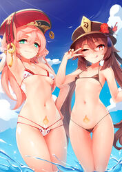 2girls ;q arm_up armpits bangs bikini blue_sky blush breasts brown_bikini brown_hair brown_nails cloud collarbone day female_only flower genshin_impact green_eyes hair_between_eyes halter_top halterneck hat hat_flower highres horns hu_tao_(genshin_impact) kerasu long_hair looking_at_viewer micro_bikini multiple_girls nail_polish navel one_eye_closed outdoors pink_hair pubic_tattoo red_eyes red_flower red_headwear ricegnat skindentation sky small_breasts smile string_bikini swimsuit symbol-shaped_pupils symbol_commentary tattoo tongue tongue_out twintails underboob v v_over_eye very_long_hair wading water white_bikini yanfei_(genshin_impact) rating:Questionable score:261 user:kris923