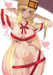 ashiomi_masato blonde_hair blue_eyes blush breasts censored_breasts christmas convenient_censoring guilty_gear millia_rage navel nipple_censor no_panties nude ribbon ribboned_body standing sweat tagme rating:Questionable score:80 user:AbsoluteTerritory