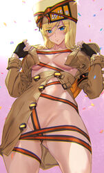 ashiomi_masato blonde_hair blue_eyes blush breasts censored_breasts convenient_censoring functionally_nude guilty_gear millia_rage navel nipple_censor nude open_clothes open_coat ribbon standing sweat tagme undressing rating:Questionable score:76 user:AbsoluteTerritory